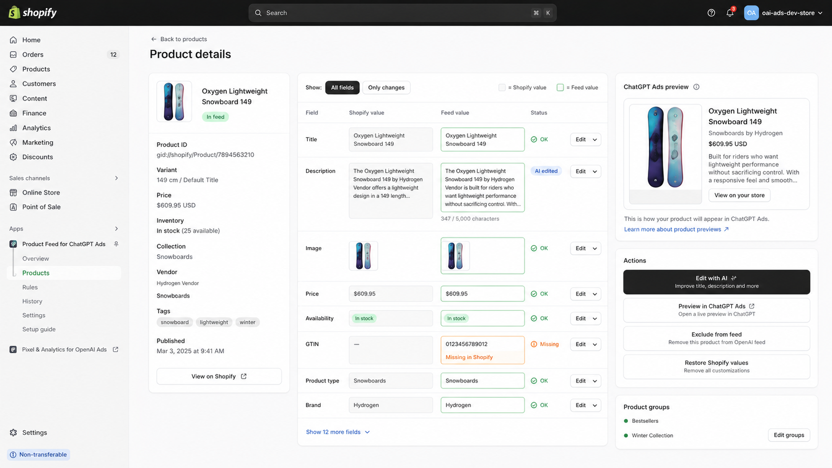 Reach: Feed product detail view comparing Shopify values to feed values with an AI-edited description and a ChatGPT Ads preview