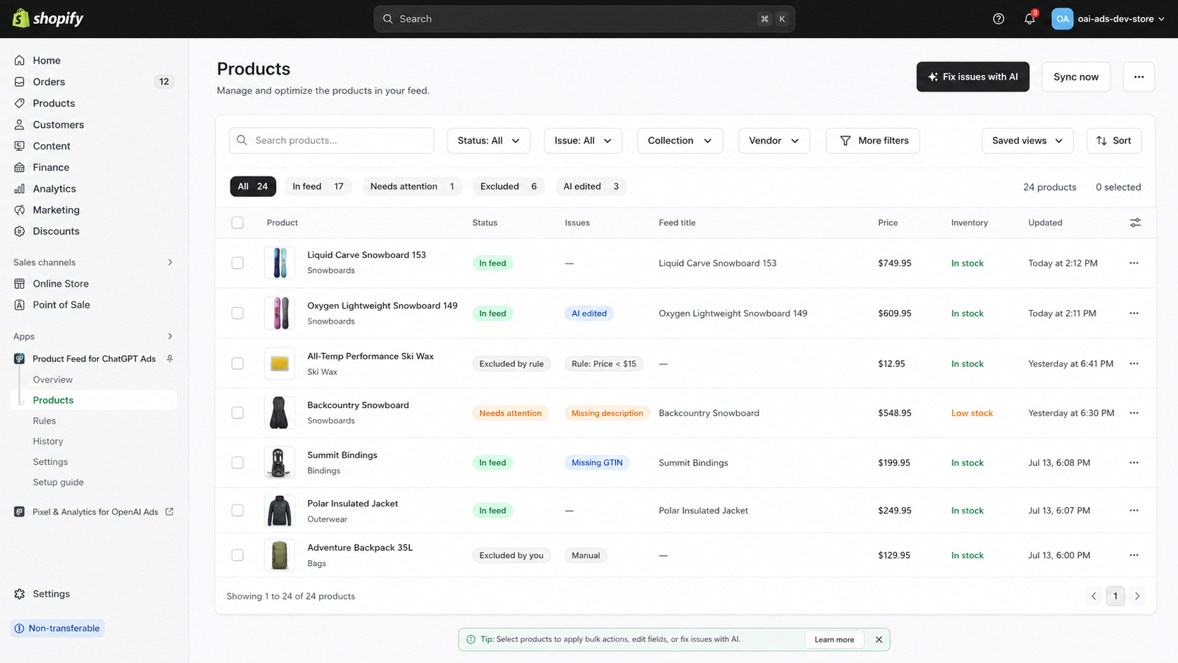 Reach: Feed products grid showing product statuses and issue flags such as missing GTIN and missing description